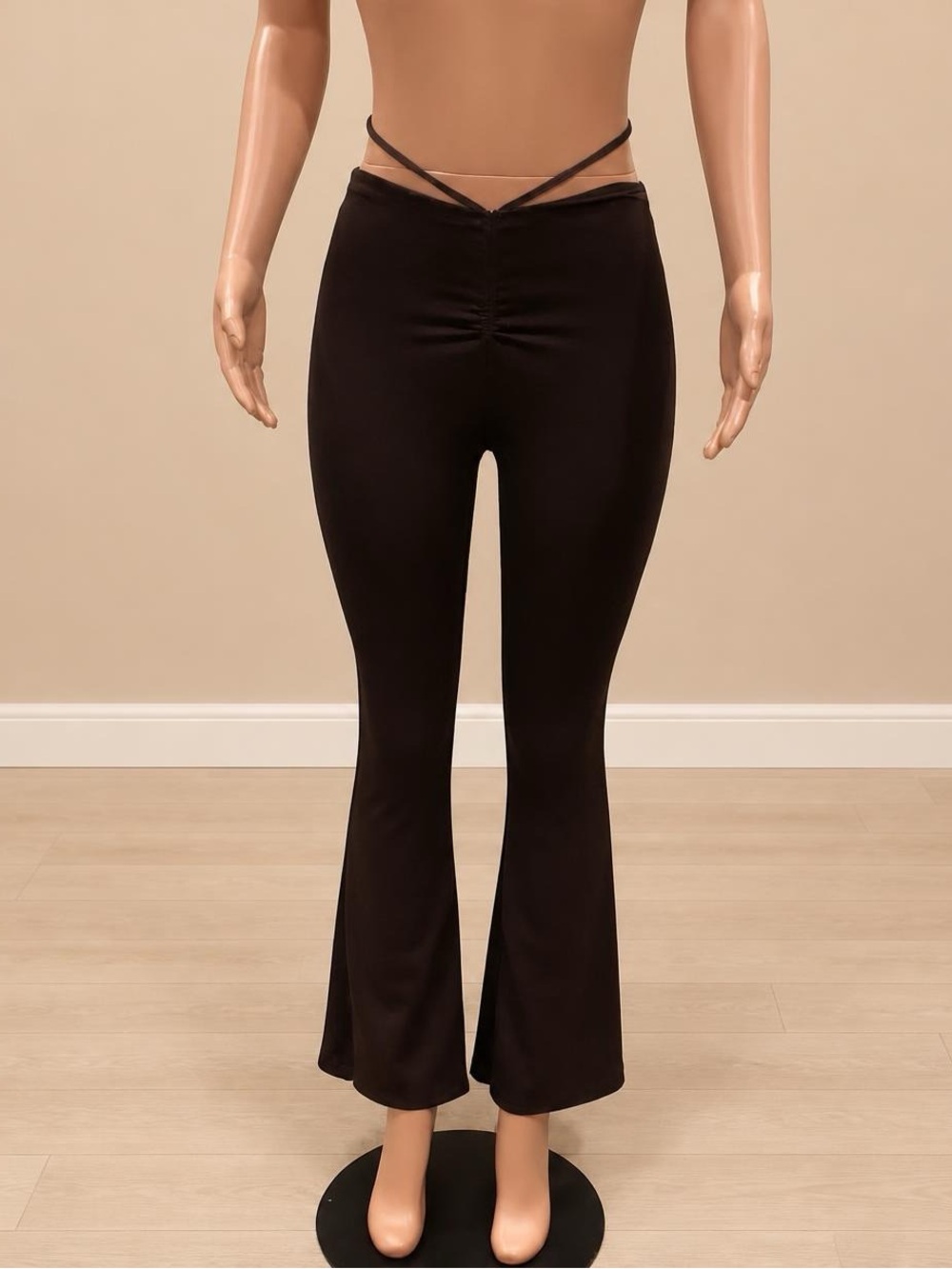 Diva Boutique Chocolate Brown Ruched Tie Waist Flare Bell Bottom Pants XS NWT